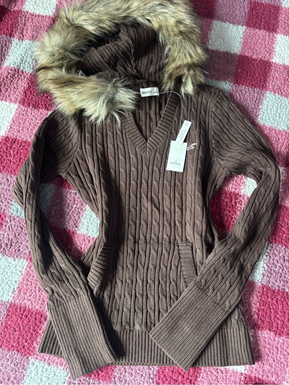 NWT Hollister Chocolate Brown Cable Knit Faux Fur Hoodie Y2K Revival M